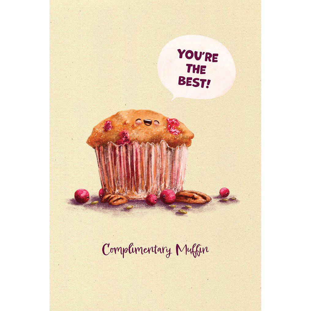 Pictura complimentary muffin birthday card featuring colorful muffin illustration on an everyday card background.